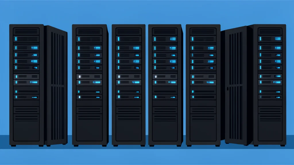 A modern server room with rows of black computer racks and glowing blue status lights