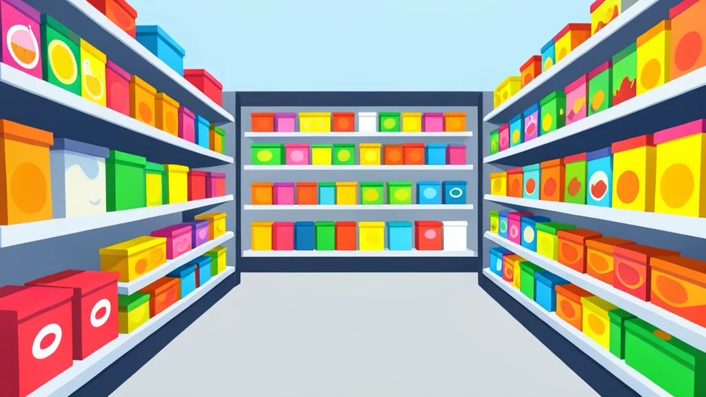 A retail store aisle with shelves stocked with colorful, low-cost consumer goods
