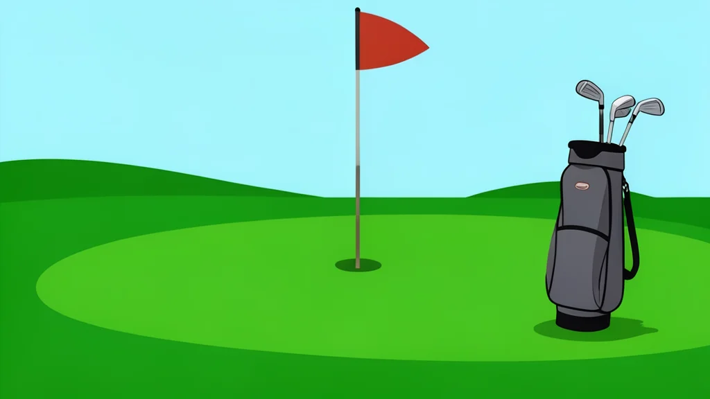 A flat vector illustration of a lush green golf course with a single flagstick in a hole and a golf bag nearby.