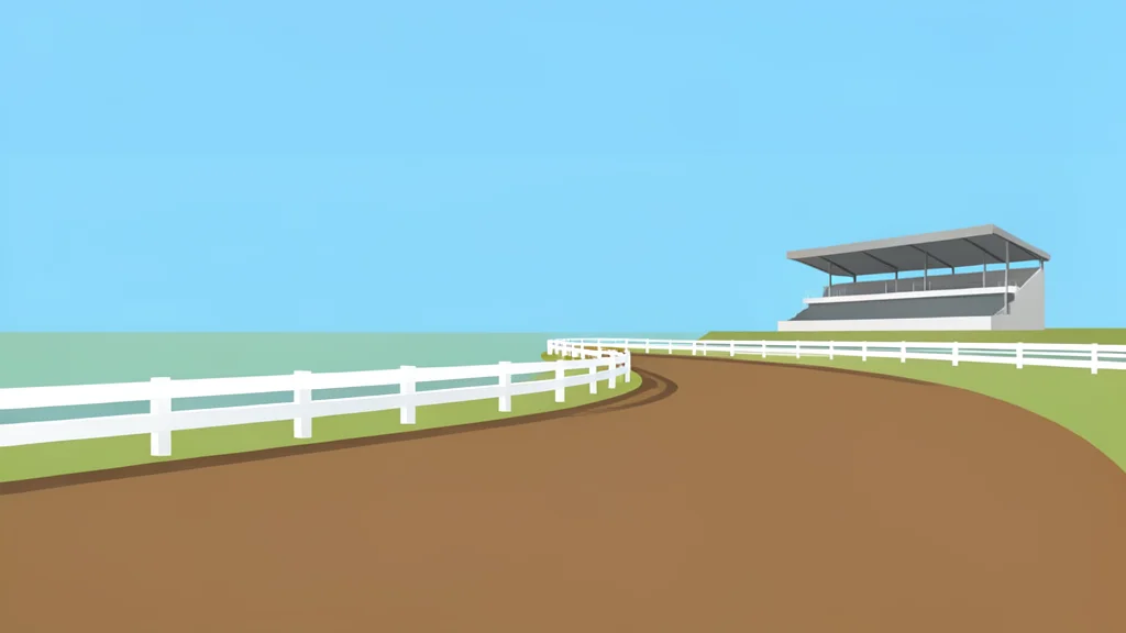 A dirt racetrack curve with white railings and a distant grandstand under a clear sky