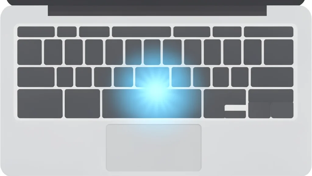 A silver laptop keyboard with a single key highlighted in soft blue light