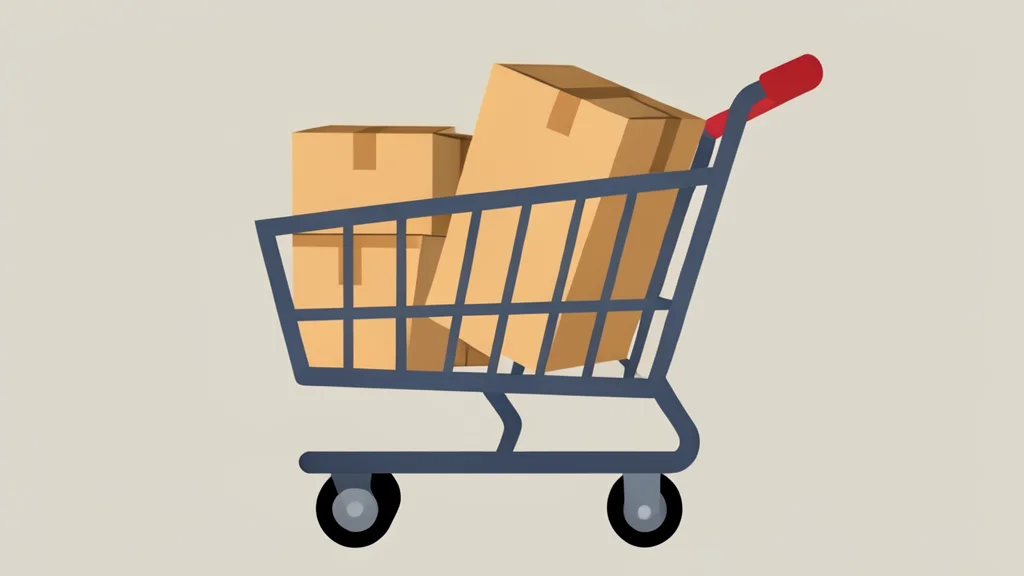 A shopping cart filled with generic merchandise boxes