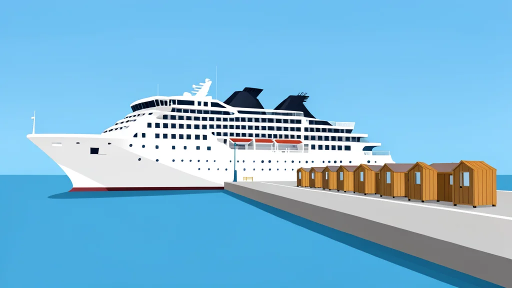 A large white cruise ship docked at a harbor pier with a row of temporary wooden housing containers nearby