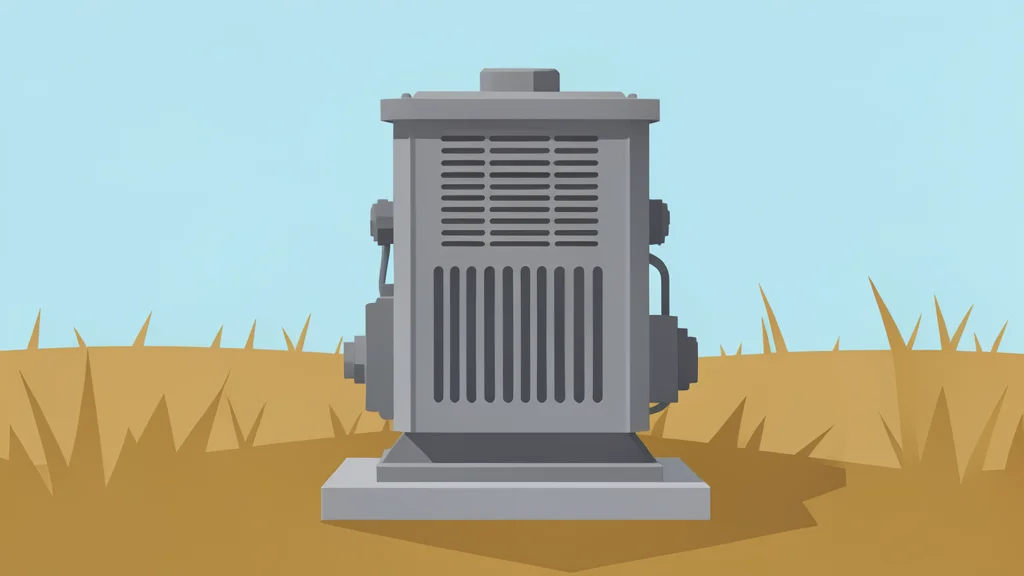A large industrial electrical transformer standing in a field of dry grass