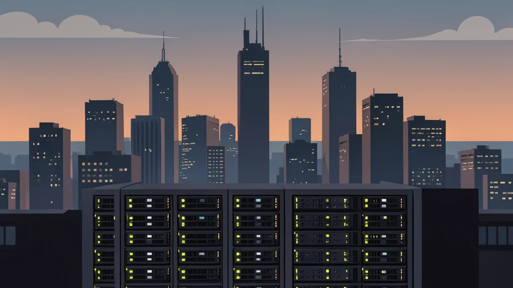 A high-density urban skyline at dusk with glowing server racks in the foreground