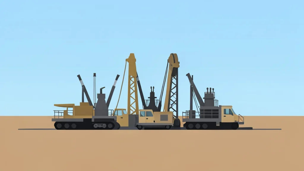 A cluster of industrial drilling rigs standing in a flat, arid landscape under a clear sky