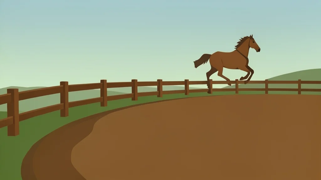 A dirt racetrack curve with a wooden fence and a single horse running in the distance