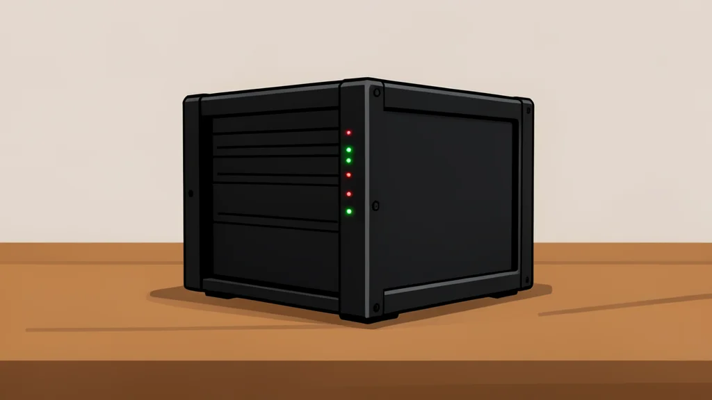 A small, black metal server rack unit with blinking status lights sitting on a wooden desk