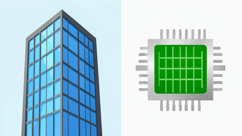 A split view showing a modern glass office building on one side and a clean, abstract representation of a computer memory chip on the other