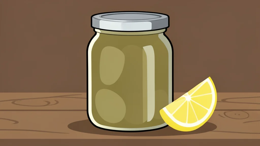 A glass jar of canned sardines and a lemon wedge on a wooden table.