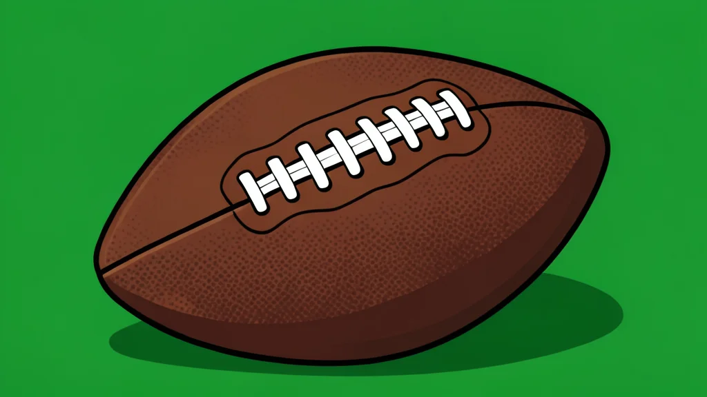 A green football field with white yard lines and a brown leather football resting on the grass