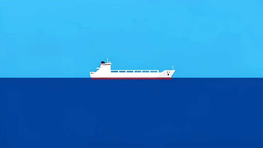 A calm stretch of deep blue sea with a single white cargo ship sailing through the water