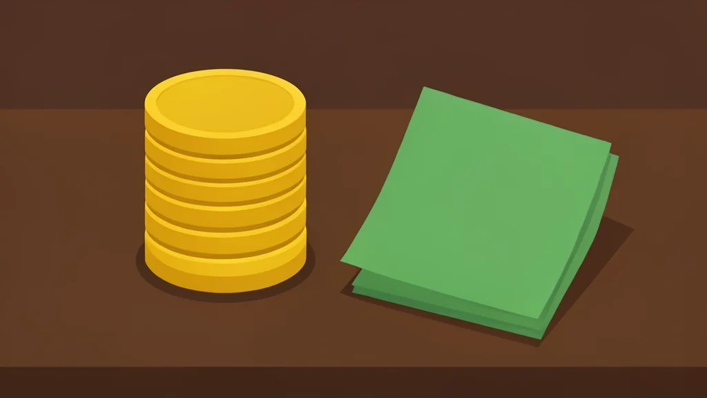 A stack of gold coins and a folded paper bill resting on a dark wooden surface.
