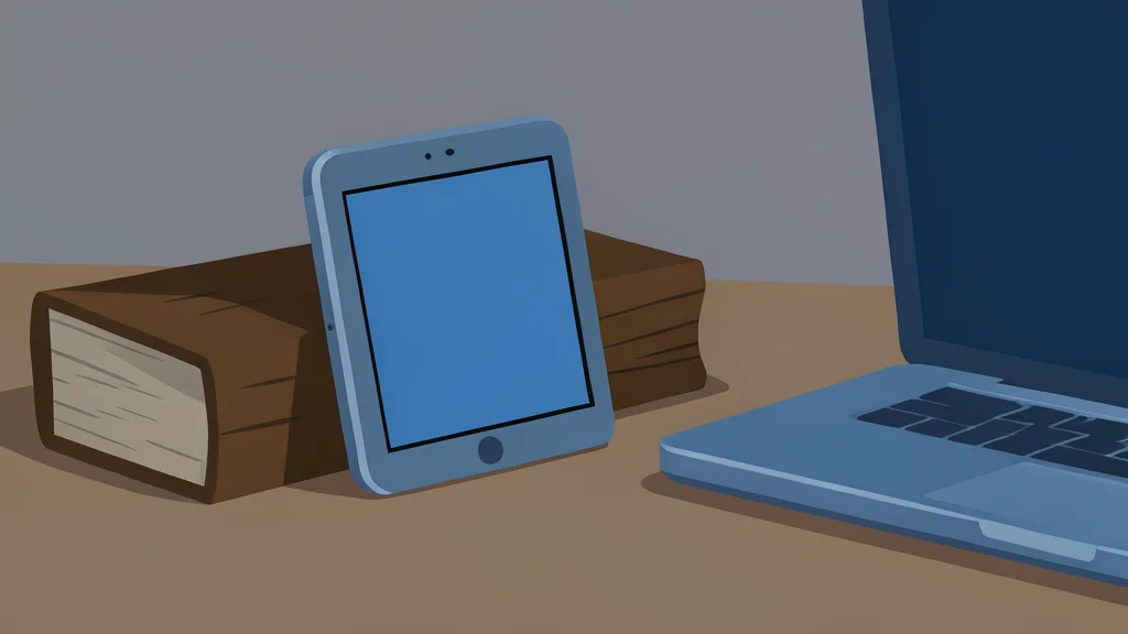 A small tablet device propped up against a wooden book on a desk next to a laptop
