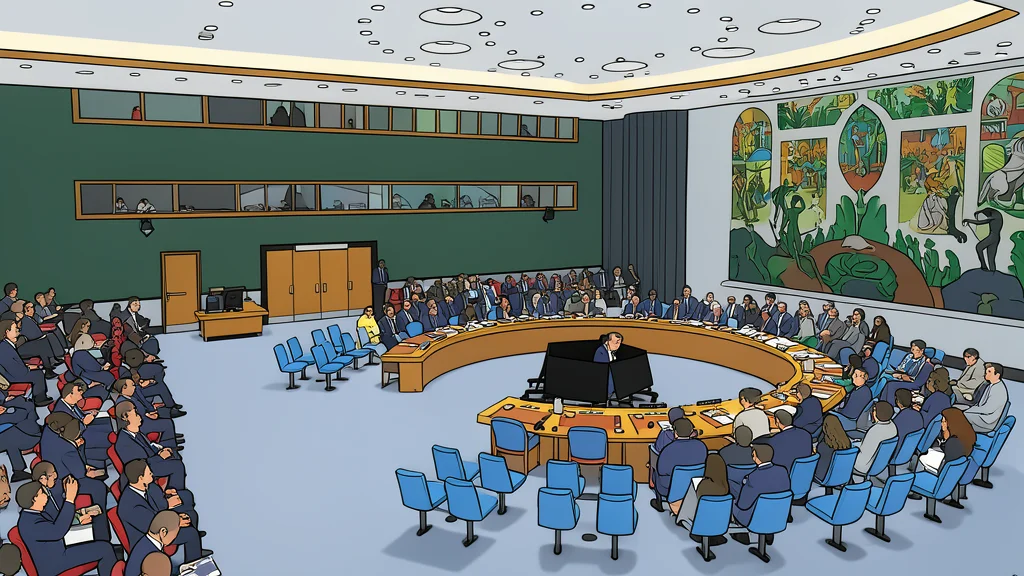 A large circular wooden table with empty chairs in a dimly lit room with heavy curtains.