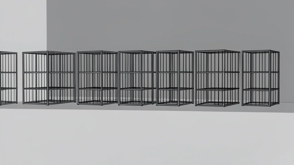 A row of empty metal cages standing in a concrete courtyard