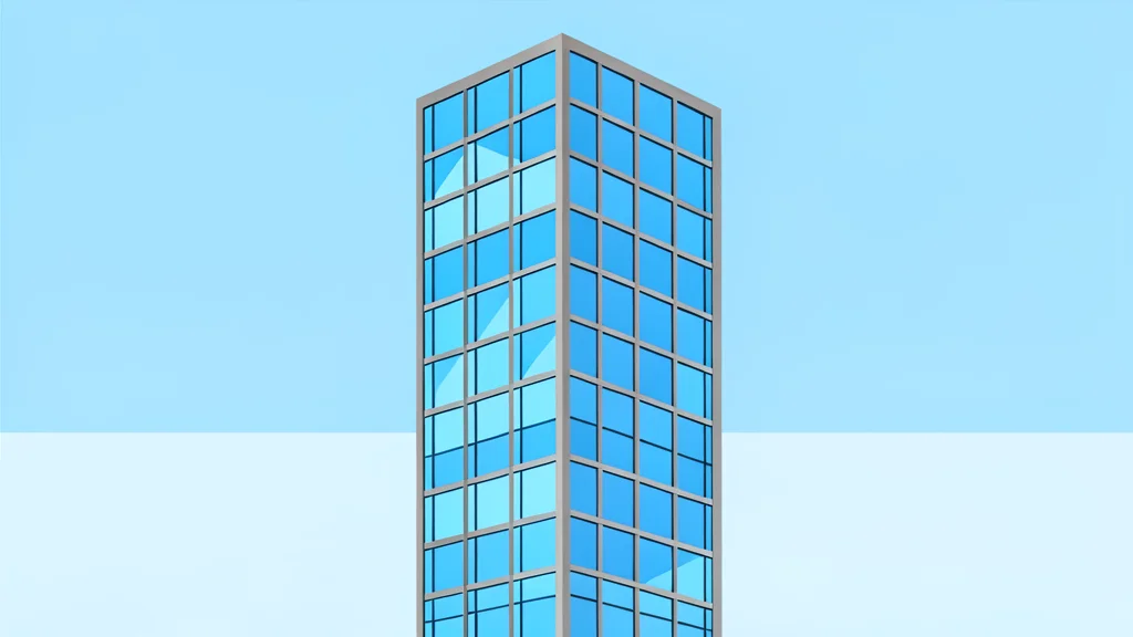 A modern glass skyscraper with a grid of windows reflecting the sky