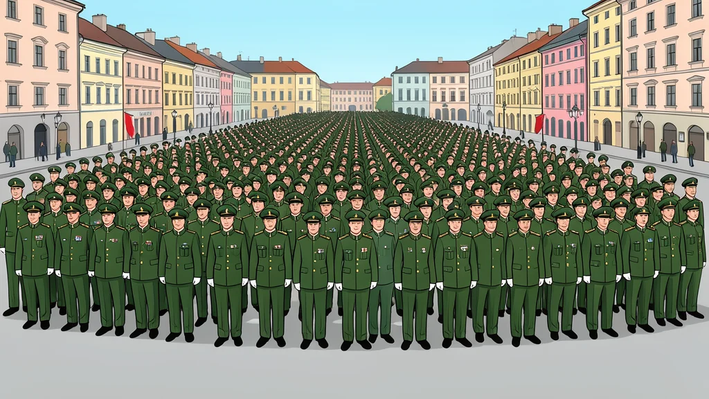 A vast crowd of figures in matching military-style uniforms standing in a wide urban square.