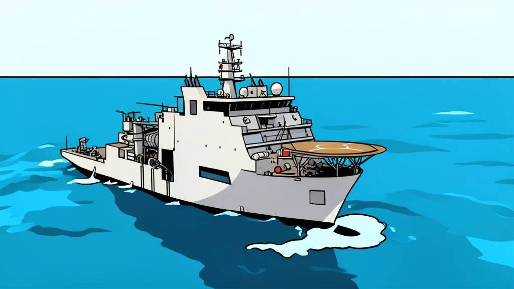 A large naval support vessel floating on calm blue ocean water with a diving bell suspended from its crane