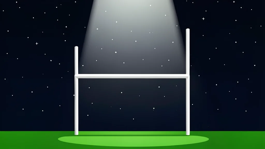 A modern football stadium interior with green turf and white yard lines under bright floodlights