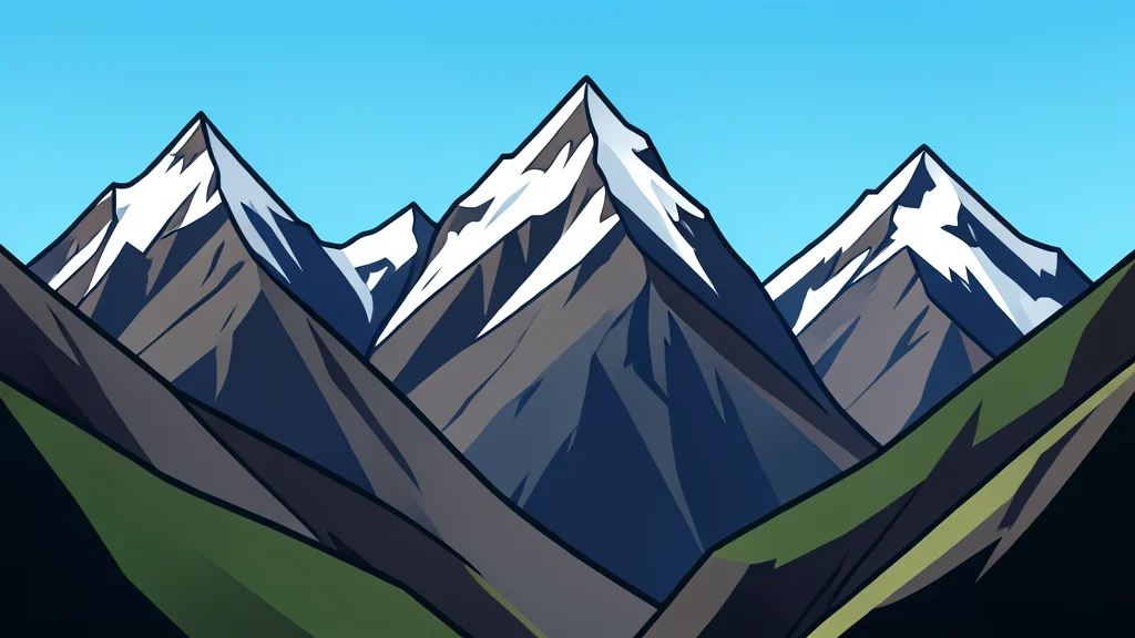 A rugged mountain range with snow-capped peaks and deep valleys