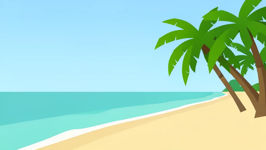 A lush tropical coastline with turquoise water and palm trees