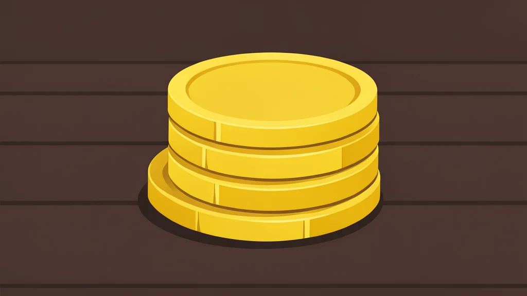 A stack of shiny, round gold coins resting on a dark wooden surface