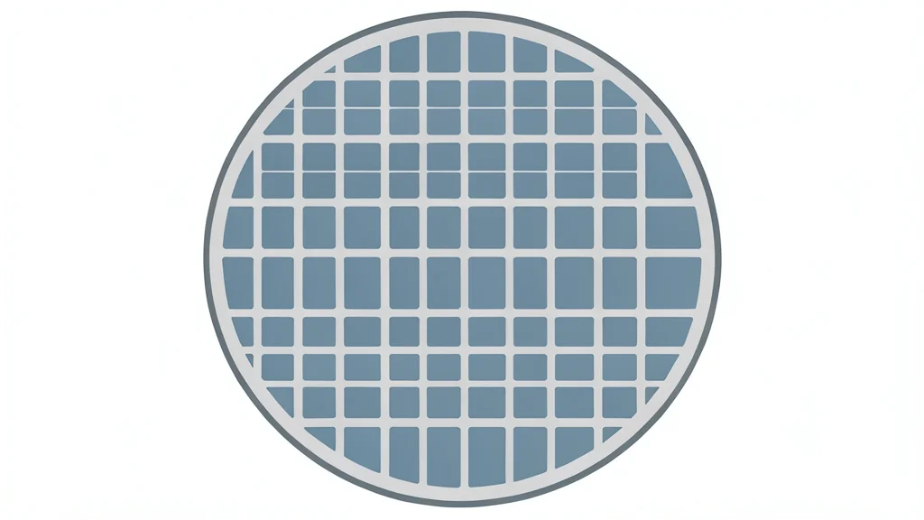 A close-up view of a silicon wafer featuring a precise grid of square chips.