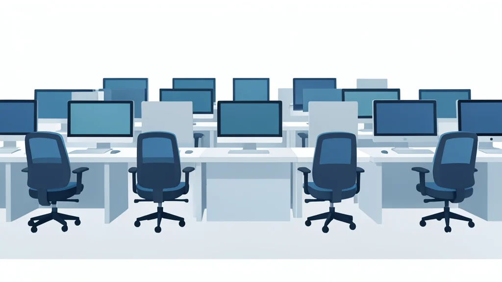 A modern office workspace with rows of computer monitors and ergonomic chairs