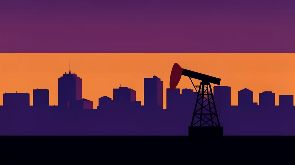 A silhouette of a city skyline at dusk with a single oil derrick in the foreground