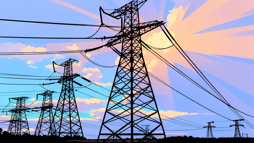 A high-voltage electrical transmission tower standing in a grassy field.