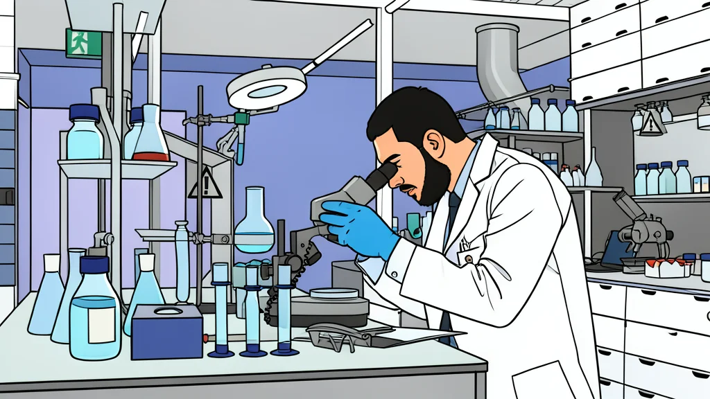 A glass vial containing a clear liquid standing on a white laboratory bench