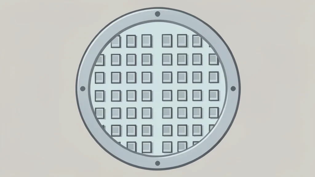 A close-up view of a silicon wafer featuring a precise grid of square microchips.
