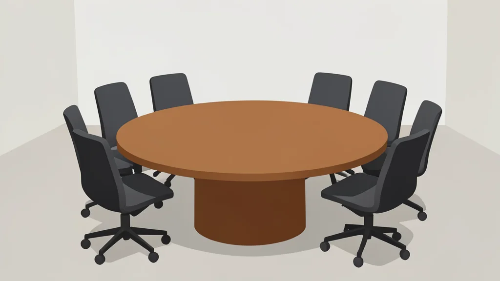 A large, circular wooden table with empty chairs arranged around it in a conference room setting