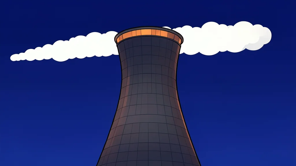 A large, cylindrical concrete cooling tower rising from an industrial complex