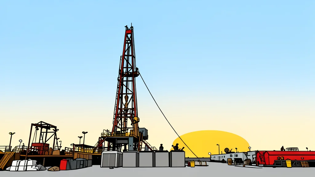 A cluster of industrial drilling rigs standing in a flat, arid landscape under a clear sky