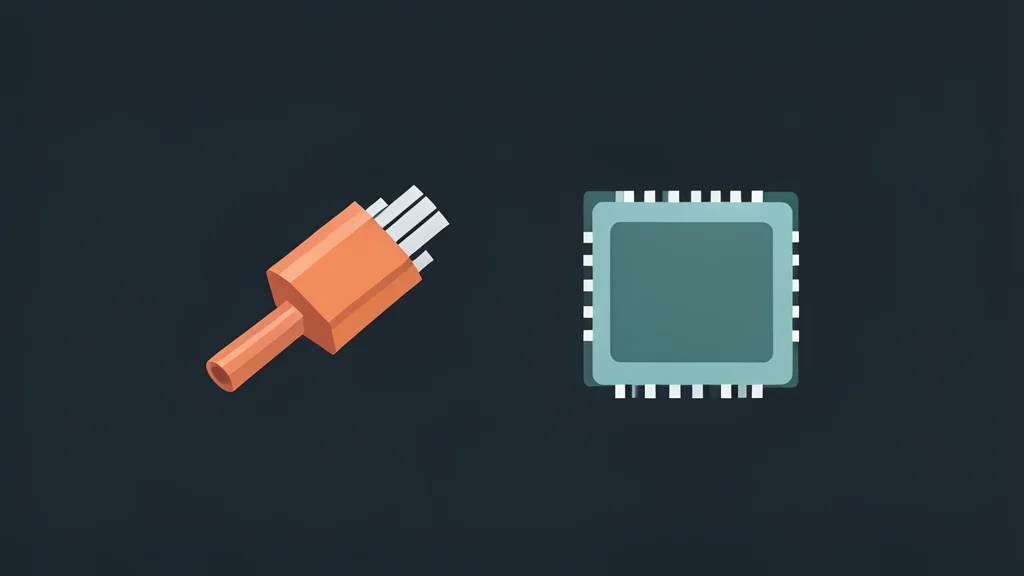 A close-up view of a high-speed copper cable connector and a rectangular NAND flash memory chip resting on a dark surface.