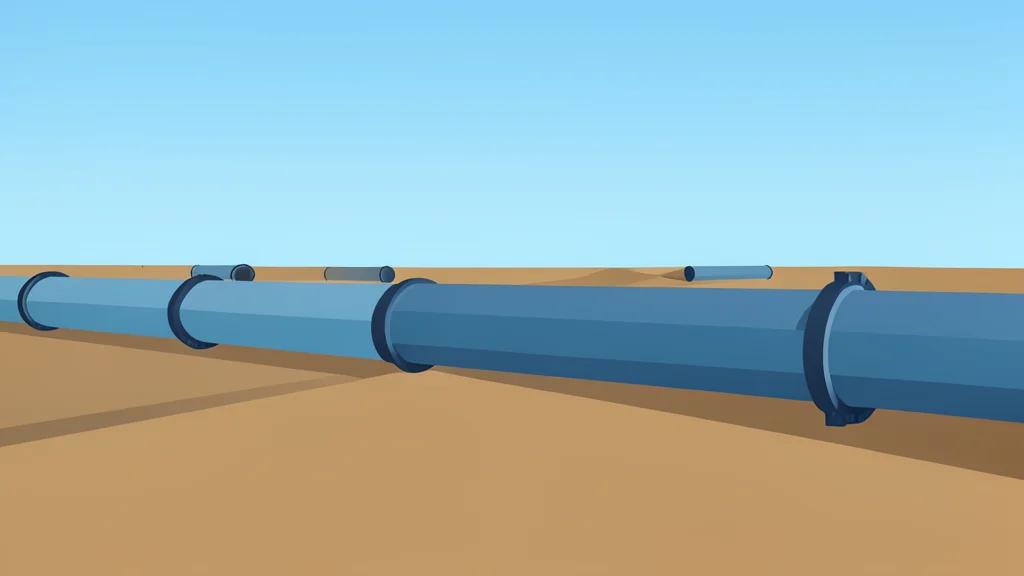 A network of large-diameter steel pipelines stretching across a flat, arid landscape under a clear sky