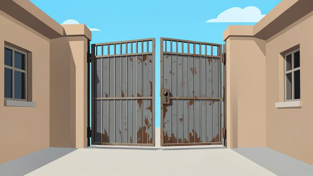 A weathered prison gate standing open in a sunlit courtyard
