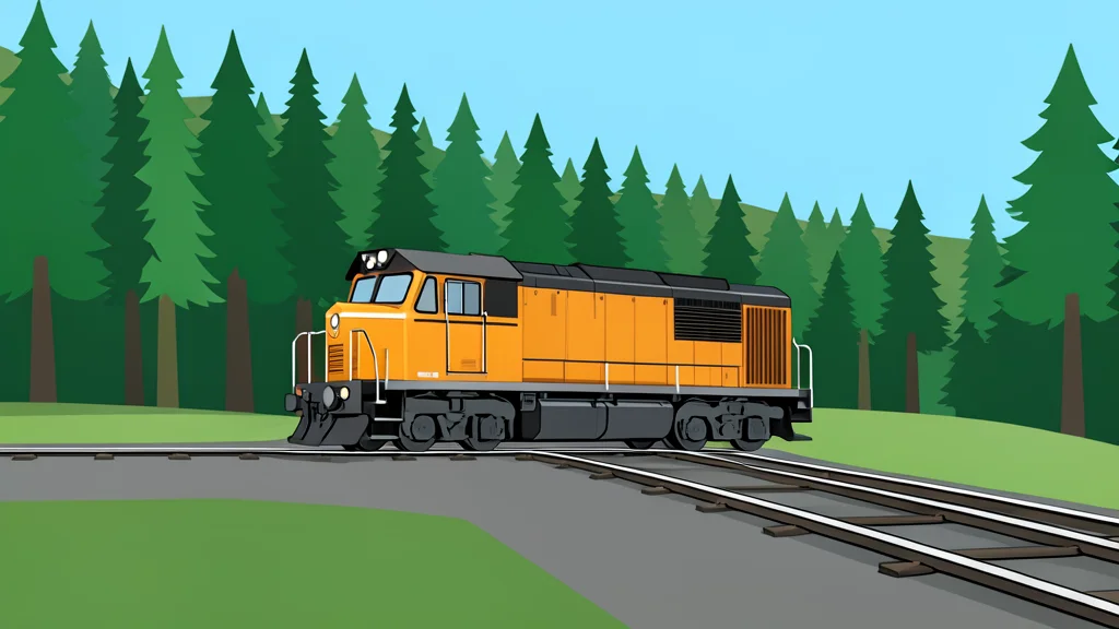 A flat-vector illustration of a railway locomotive on a track near a forested border crossing.