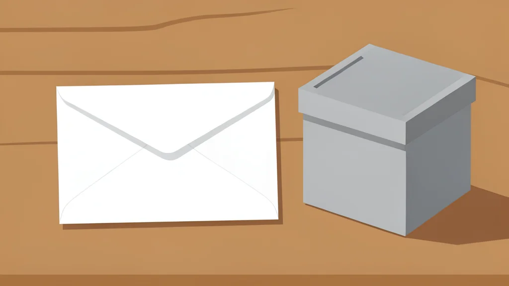 A sealed white envelope resting on a wooden table next to a grey ballot box