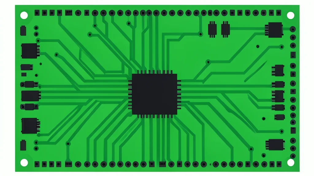 A close-up view of a green printed circuit board with intricate copper traces and small black integrated circuits