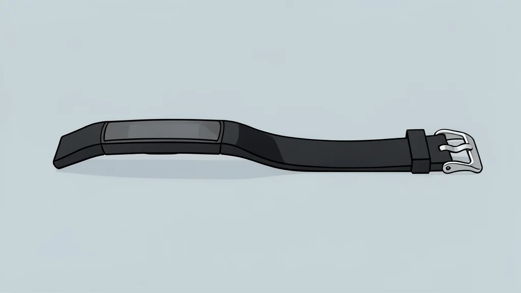 A sleek, rectangular fitness tracker with a dark screen resting on a wooden surface next to a magnetic charging cable.