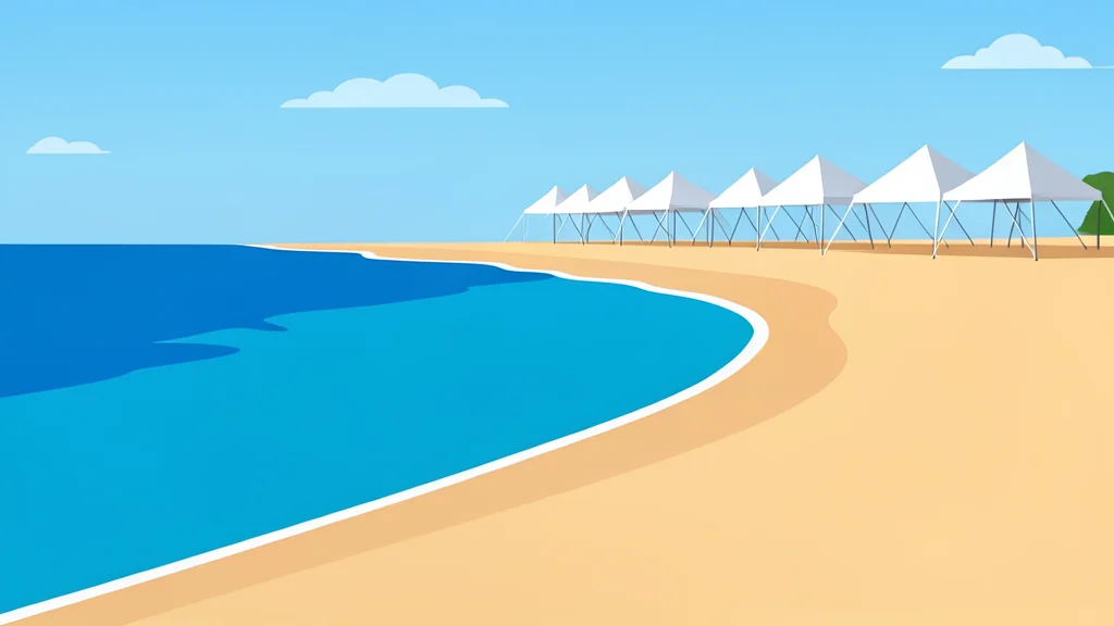A sandy beach shoreline meeting the sea, with a line of temporary white tents in the background