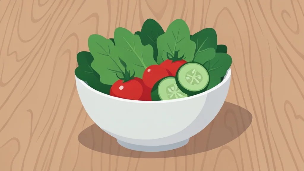 A fresh salad bowl with greens and vegetables on a wooden table