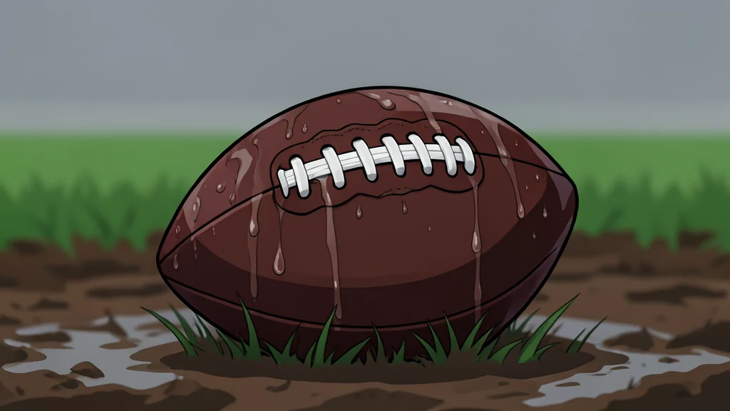 A solitary brown leather football rests on the vibrant green grass of a football field, marked by crisp white yard lines under a soft, diffused light.