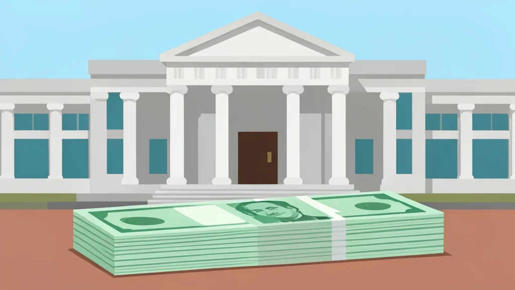 A stack of paper currency sits in front of a government building facade.