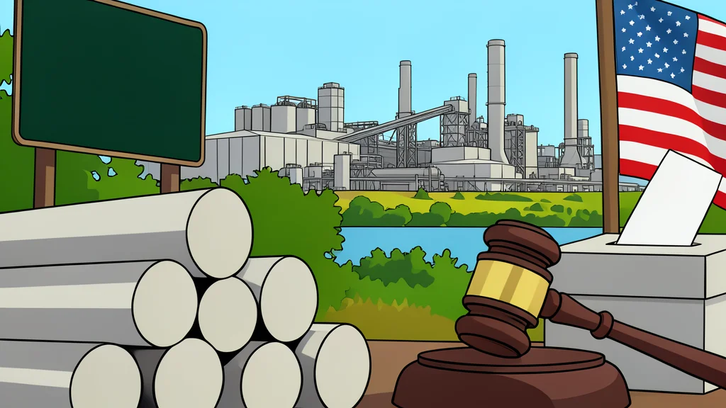 A flat vector illustration of an industrial complex with tall smokestacks and tanks near a body of water.
