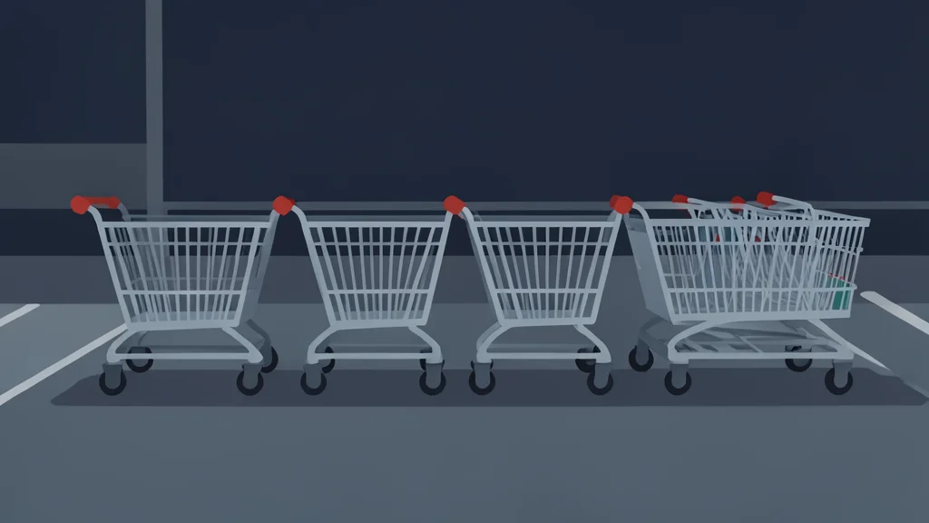 A row of empty shopping carts standing in a dimly lit parking lot.