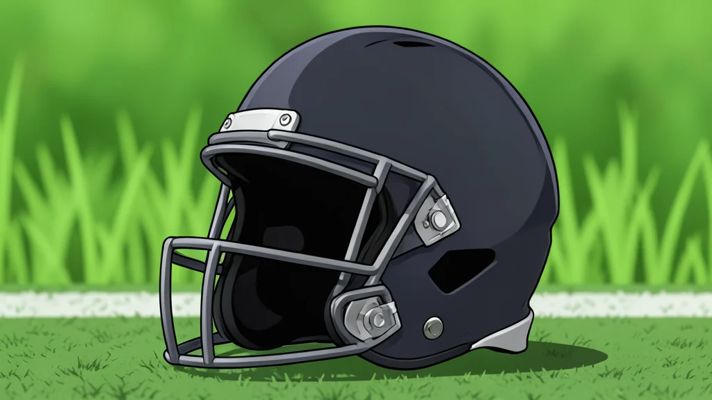 A large, heavy football helmet resting on a green grass field